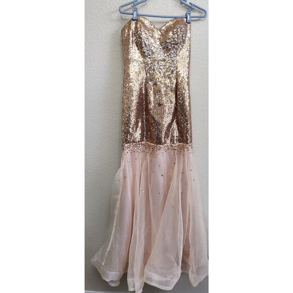 Peach Gold Sequin Beaded Rhinestone Strapless Evening Gown 6 Mermaid Style Flowy - Picture 1 of 4